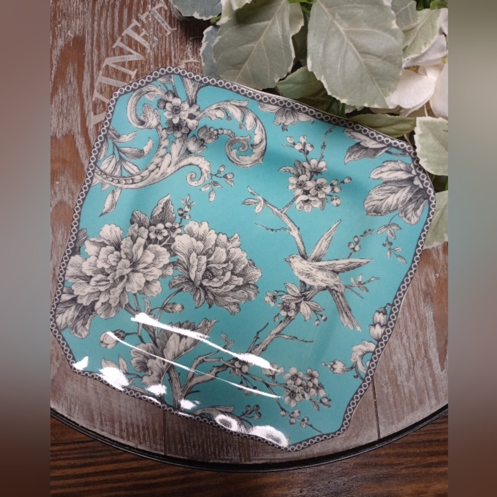Turquoise Toile Floral & Bird Porcelain Plate Adelaide Pattern